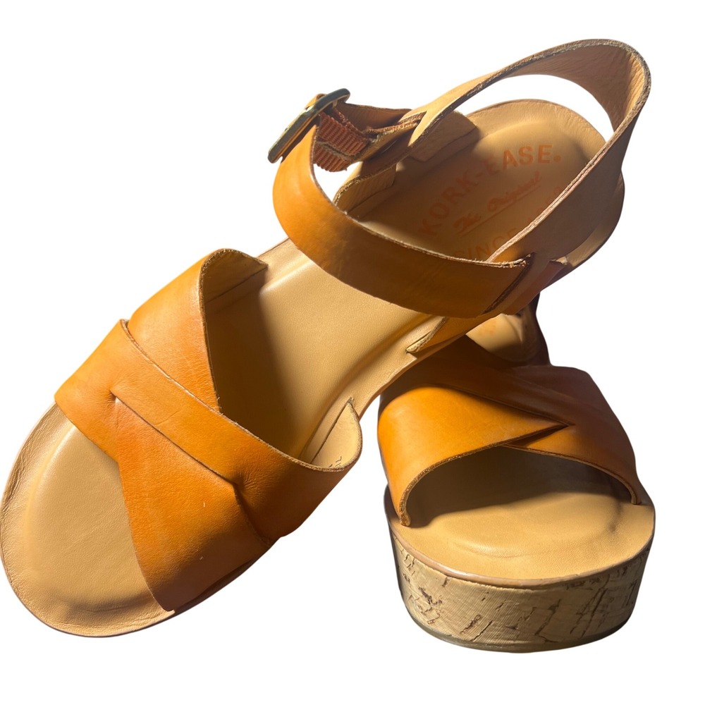 Kork-Ease Myrna 2.0 Leather Platform Wedge Sandals Orange Tan Cork Heel Womens 7